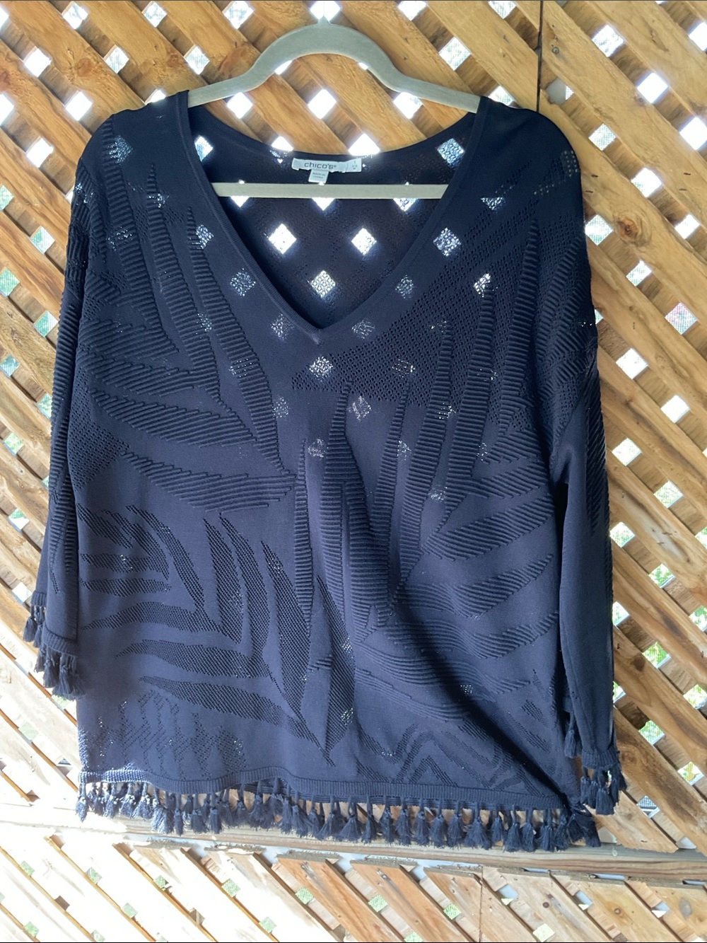 Chico's Navy Top with Fringe Detail